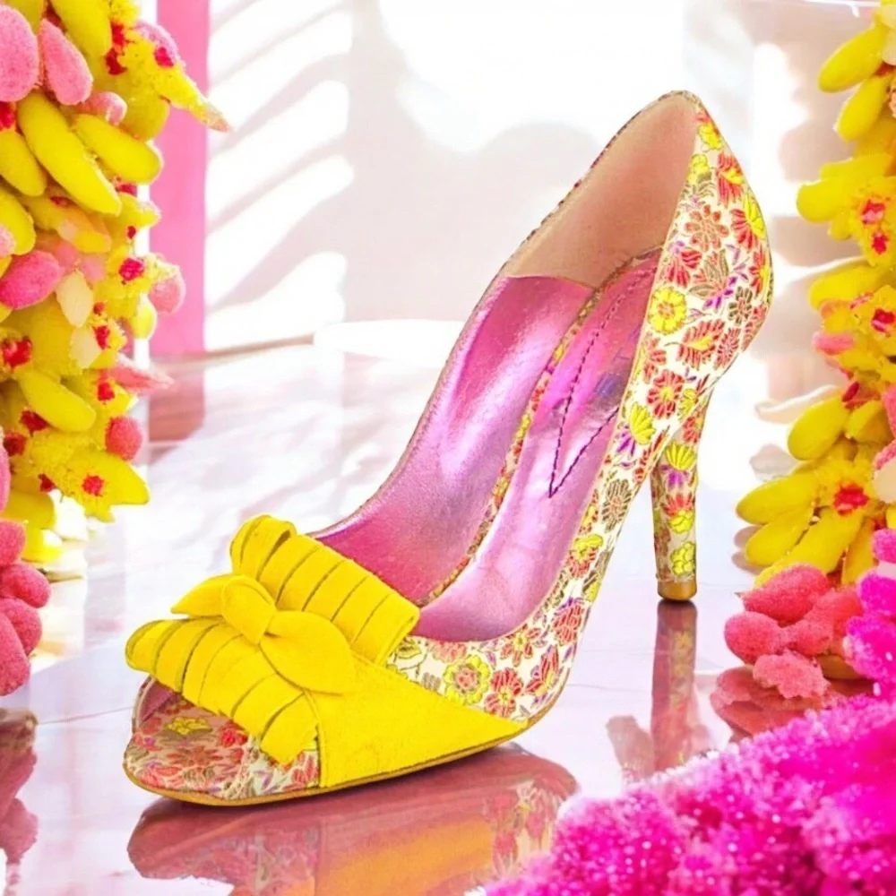 Etro Retro pink & Yellow Peep-Toe Shoes Ruffles & Bows 6